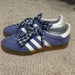 Adidas Blue and White Sneakers with Plaid Laces